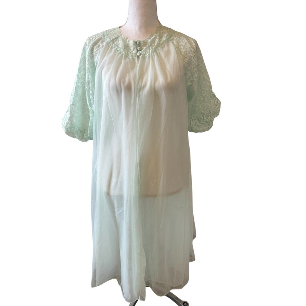 Vintage Vanity Fair Sheer Chiffon Dressing Robe Lace Trimmed Mint Green